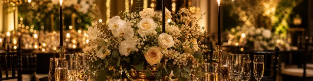 Mesa de evento com flores e iluminação decorativa